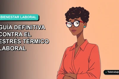 Ilustración plana corporativa de mujer profesional de teletrabajo con expresión tranquila, sobre fondo degradado suave azul verdoso. Concepto de guía contra el estrés por calor.