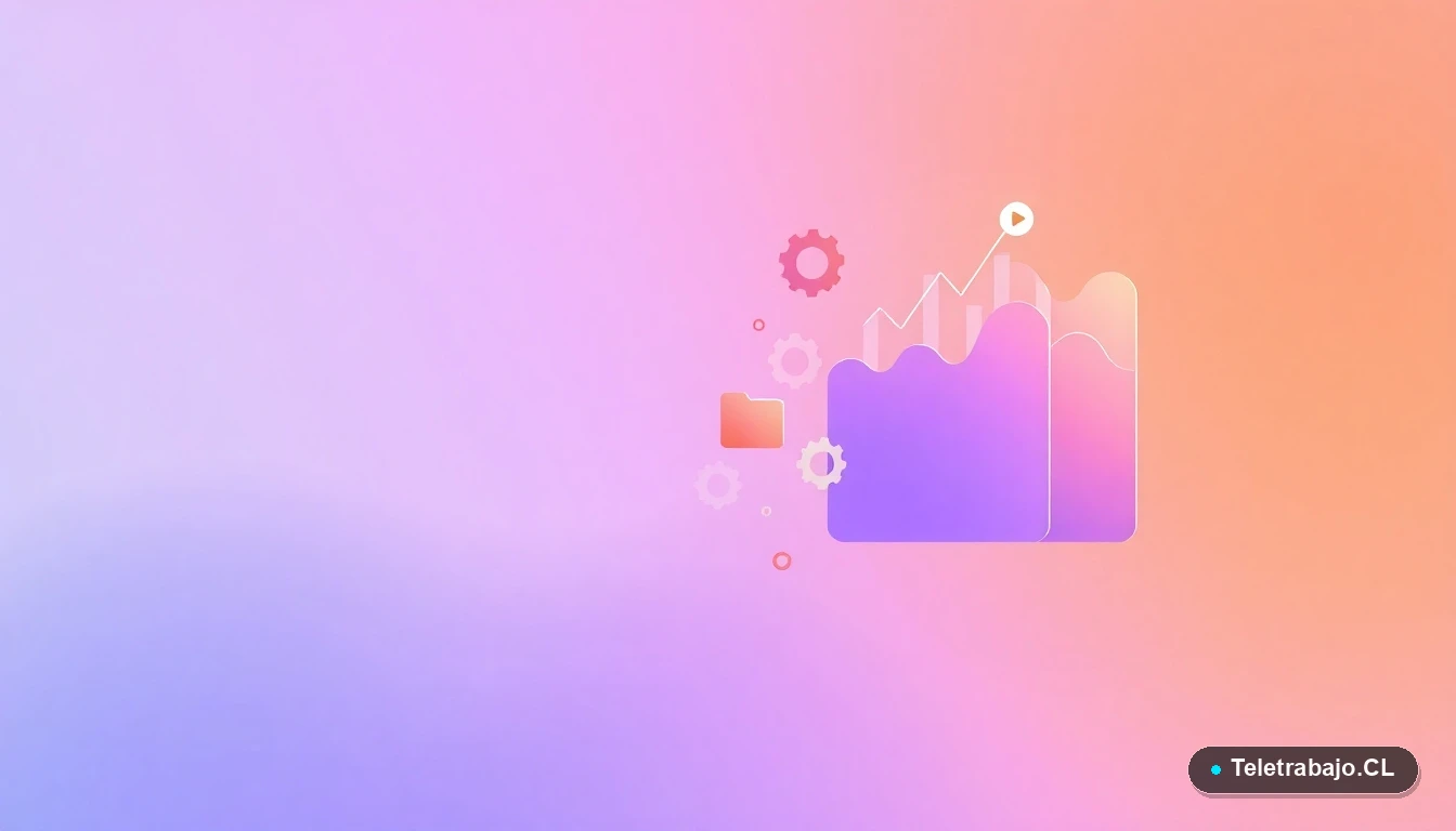 Composición abstracta de interfaz de usuario con gráficos, engranajes y carpetas flotantes en tonos lavanda y durazno, sobre fondo degradado frío. Representación visual de datos y planificación tecnológica.