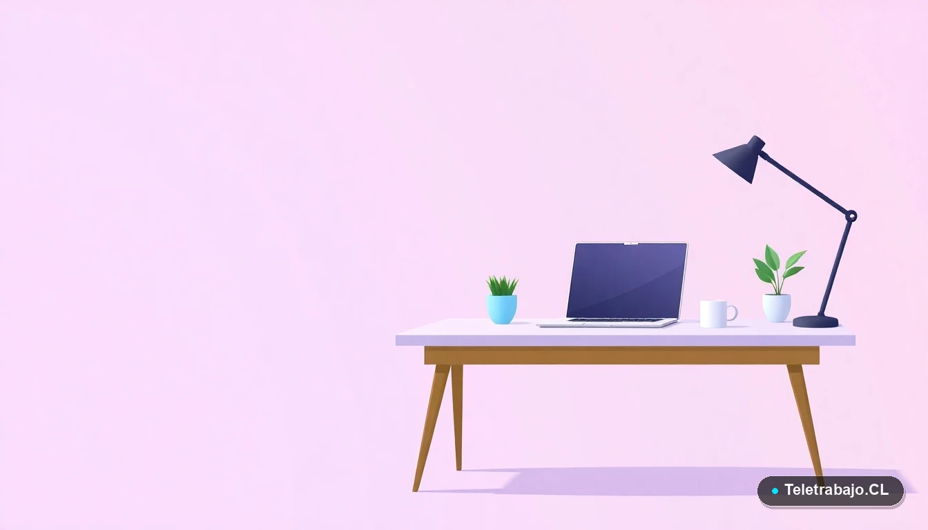 Escritorio moderno minimalista con laptop, taza de café y planta, estilo ilustración vectorial plana, sobre fondo degradado lila. Concepto de espacio de trabajo remoto.