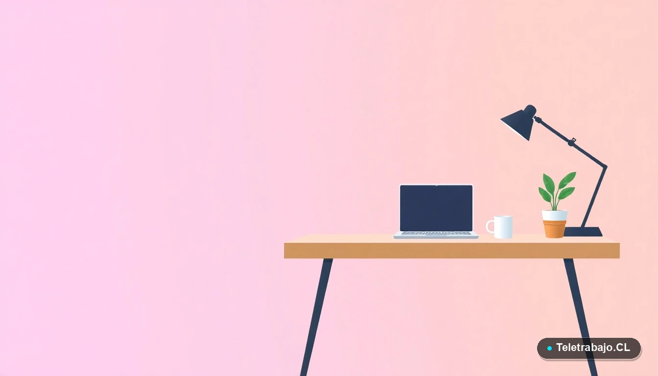 Escritorio moderno vacío con laptop y planta, ilustración plana minimalista, concepto de trabajo finalizado y listo para vacaciones.