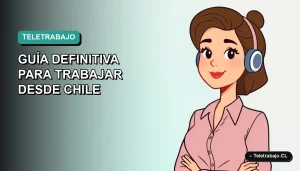 Ilustración plana de mujer profesional chilena trabajando de forma remota con fondo degradado verde azulado.