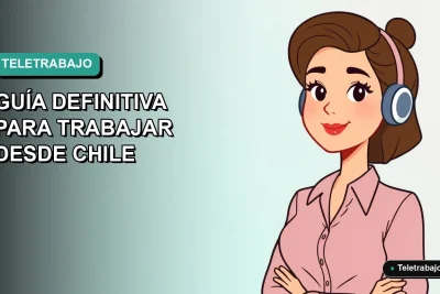 Ilustración plana de mujer profesional chilena trabajando de forma remota con fondo degradado verde azulado.