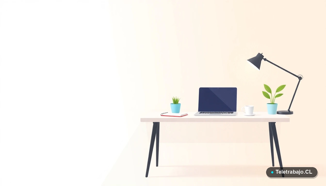 Escritorio moderno minimalista con laptop, cuaderno y planta, fondo degradado, concepto de trabajo remoto y productividad