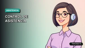 Ilustración vectorial plana de una profesional chilena en teletrabajo, con fondo degradado azul verdoso, para un dashboard de Excel de control de asistencia.