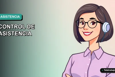 Ilustración vectorial plana de una profesional chilena en teletrabajo, con fondo degradado azul verdoso, para un dashboard de Excel de control de asistencia.