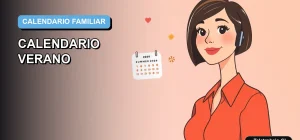 Ilustración vectorial plana premium de una mujer trabajando remotamente junto a un calendario de verano, sobre fondo degradado azul.