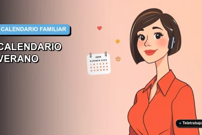 Ilustración vectorial plana premium de una mujer trabajando remotamente junto a un calendario de verano, sobre fondo degradado azul.