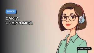 Ilustración vectorial plana de estilo Corporate Memphis de una mujer profesional trabajando remotamente, sobre un fondo degradado azul y blanco, representando el formulario de carta compromiso SENCE para empleadores.
