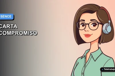 Ilustración vectorial plana de estilo Corporate Memphis de una mujer profesional trabajando remotamente, sobre un fondo degradado azul y blanco, representando el formulario de carta compromiso SENCE para empleadores.