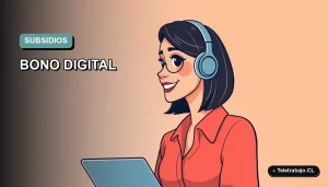 Ilustración vectorial plana de estilo premium de una trabajadora remota revisando una checklist en su laptop para postular al Bono Digital 2026.