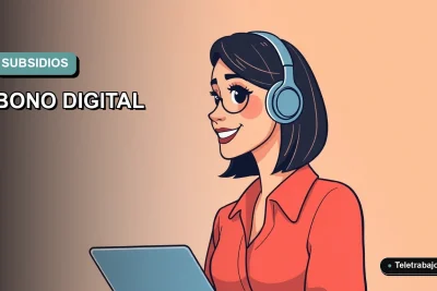 Ilustración vectorial plana de estilo premium de una trabajadora remota revisando una checklist en su laptop para postular al Bono Digital 2026.