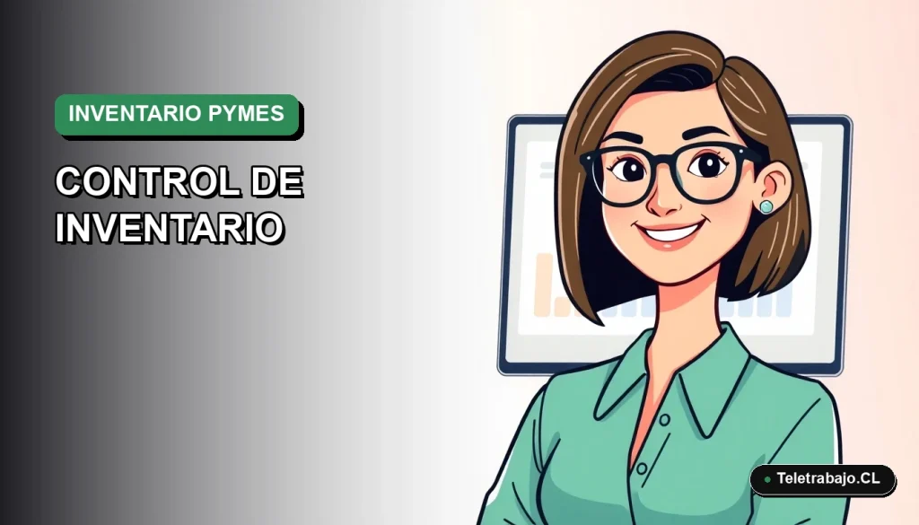 Ilustración vectorial plana moderna de una mujer profesional de teletrabajo junto a una laptop, sobre un fondo degradado suave. Representa la gestión de inventario para pequeñas y medianas empresas.
