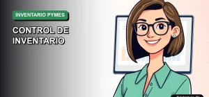 Ilustración vectorial plana moderna de una mujer profesional de teletrabajo junto a una laptop, sobre un fondo degradado suave. Representa la gestión de inventario para pequeñas y medianas empresas.