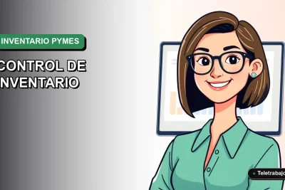 Ilustración vectorial plana moderna de una mujer profesional de teletrabajo junto a una laptop, sobre un fondo degradado suave. Representa la gestión de inventario para pequeñas y medianas empresas.