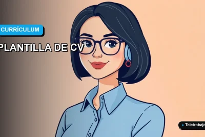 Ilustración plana de estilo premium de una mujer profesional con blusa azul y corte de pelo bob, sobre fondo degradado azul y blanco, representando una plantilla de currículum moderna para nuevos empleos.