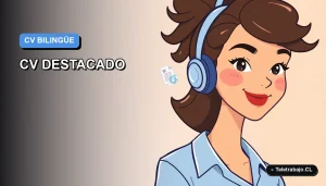 Ilustración vectorial plana de una profesional chilena sonriente, con blusa azul, junto a un portafolio y una laptop, sobre un fondo degradado azul y blanco, representando el éxito en la búsqueda de teletrabajo.