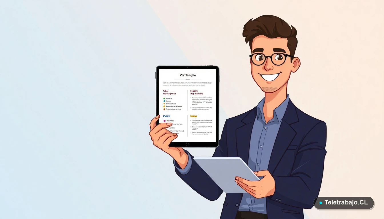 Ilustración de profesional chileno con plantilla de currículum bilingüe para teletrabajo