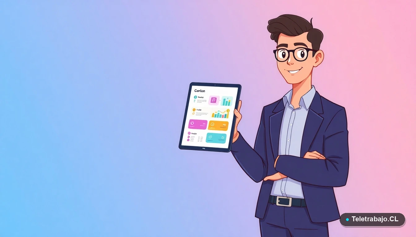 Ilustración de profesional chileno revisando un currículum vitae moderno con sección destacada de habilidades digitales.