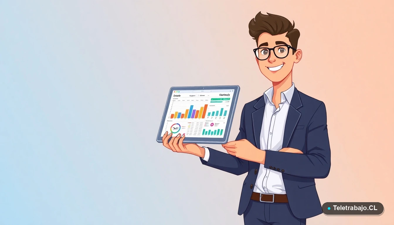 Profesional chileno utilizando una plantilla de CV dinámico en Excel en una tablet moderna.