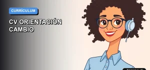 Ilustración vectorial plana de estilo Corporate Memphis de una profesional femenina con blusa azul, sonriendo, sobre un fondo degradado azul y blanco. Representa un CV moderno para destacar la adaptabilidad.