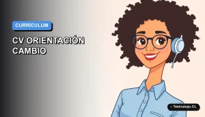 Ilustración vectorial plana de estilo Corporate Memphis de una profesional femenina con blusa azul, sonriendo, sobre un fondo degradado azul y blanco. Representa un CV moderno para destacar la adaptabilidad.