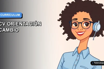 Ilustración vectorial plana de estilo Corporate Memphis de una profesional femenina con blusa azul, sonriendo, sobre un fondo degradado azul y blanco. Representa un CV moderno para destacar la adaptabilidad.
