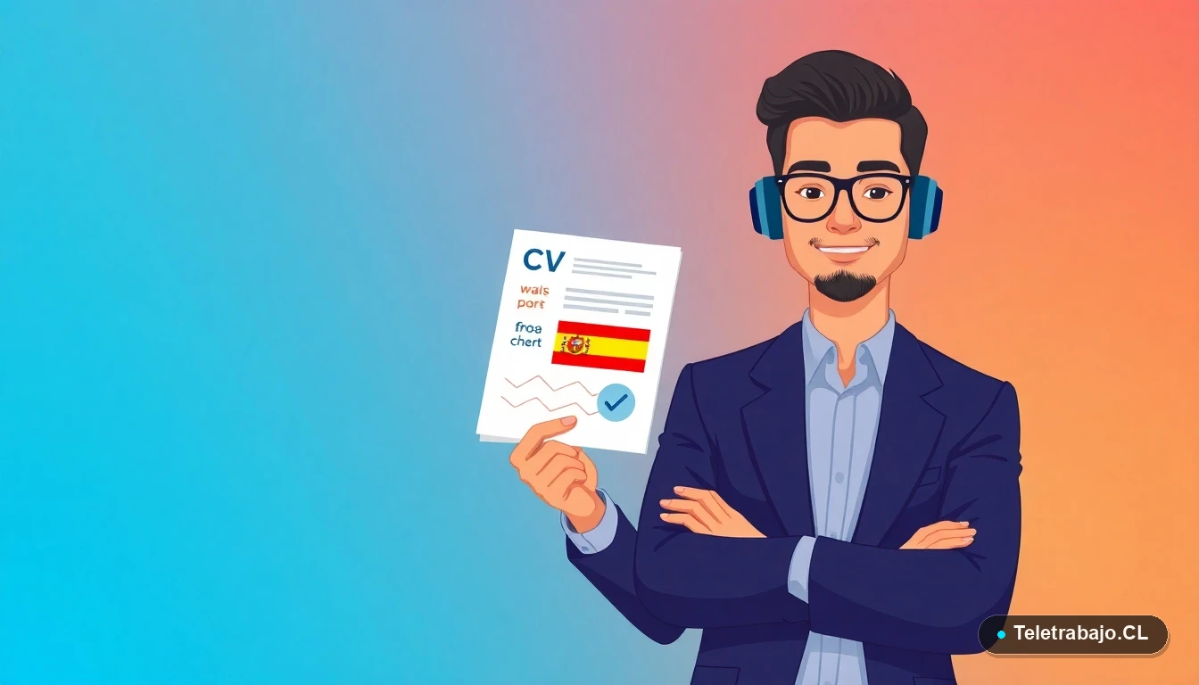 Ilustración de profesional chileno con plantilla de CV para España en estilo europeo moderno.