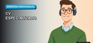 Ilustración vectorial plana de un ingeniero de proyectos de energías renovables, con fondo degradado azul, para artículo sobre plantilla de currículum gratuita.