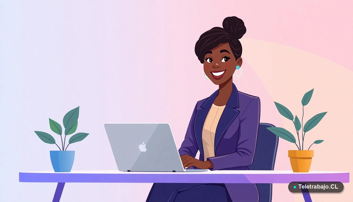 Mujer profesional chilena trabajando desde casa con laptop, ilustración plana moderna para teletrabajo.