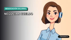 Ilustración vectorial plana de estilo Corporate Memphis de una mujer profesional chilena con blusa azul, representando la negociación salarial con SENCE en un entorno de trabajo remoto moderno.