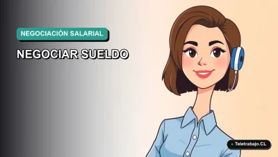 Ilustración vectorial plana de estilo Corporate Memphis de una mujer profesional chilena con blusa azul, representando la negociación salarial con SENCE en un entorno de trabajo remoto moderno.