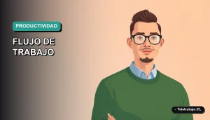 Ilustración vectorial plana de un trabajador remoto masculino en Chile, junto a una plantilla de flujo de trabajo para Outlook, sobre un fondo degradado moderno.