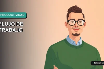 Ilustración vectorial plana de un trabajador remoto masculino en Chile, junto a una plantilla de flujo de trabajo para Outlook, sobre un fondo degradado moderno.