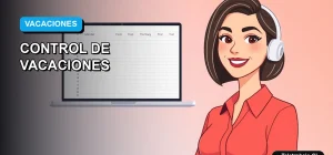Ilustración vectorial plana de una trabajadora de oficina moderna junto a una plantilla de Excel automatizada para gestión de vacaciones.