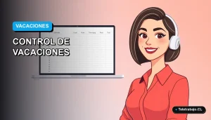 Ilustración vectorial plana de una trabajadora de oficina moderna junto a una plantilla de Excel automatizada para gestión de vacaciones.