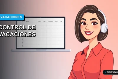 Ilustración vectorial plana de una trabajadora de oficina moderna junto a una plantilla de Excel automatizada para gestión de vacaciones.