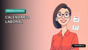 Ilustración vectorial plana premium de una mujer profesional chilena sonriente junto a un calendario y gráficos, sobre fondo degradado verde azulado. Representa organización y eficiencia laboral para el año 2026.
