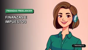 Ilustración vectorial plana de una mujer freelancer chilena con blusa verde, sonriendo, sobre un fondo degradado azul y verde. Representa el control financiero y tributario para trabajadores independientes.