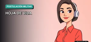 Ilustración vectorial plana de una mujer profesional revisando una plantilla de Excel para hoja de vida militar, fondo degradado vacío.