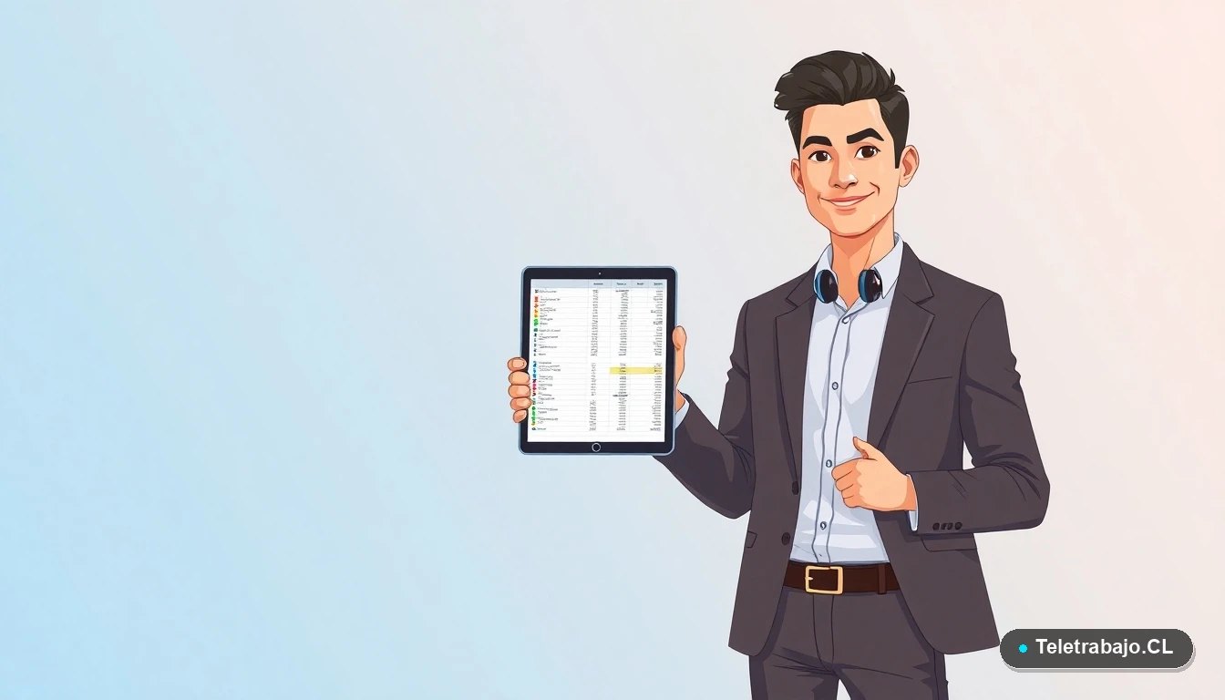 Joven profesional chileno usando plantilla Excel para hoja de vida militar en tablet