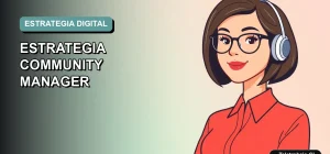 Ilustración vectorial plana de una mujer profesional remota, con fondo degradado suave, representando la organización de estrategias digitales para community managers.