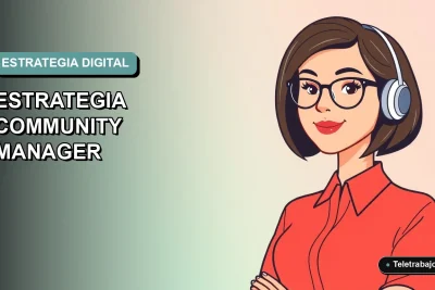Ilustración vectorial plana de una mujer profesional remota, con fondo degradado suave, representando la organización de estrategias digitales para community managers.
