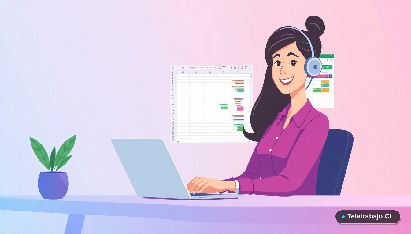 Mujer profesional usando plantilla Excel para organizar teletrabajo y conciliación familiar en casa.