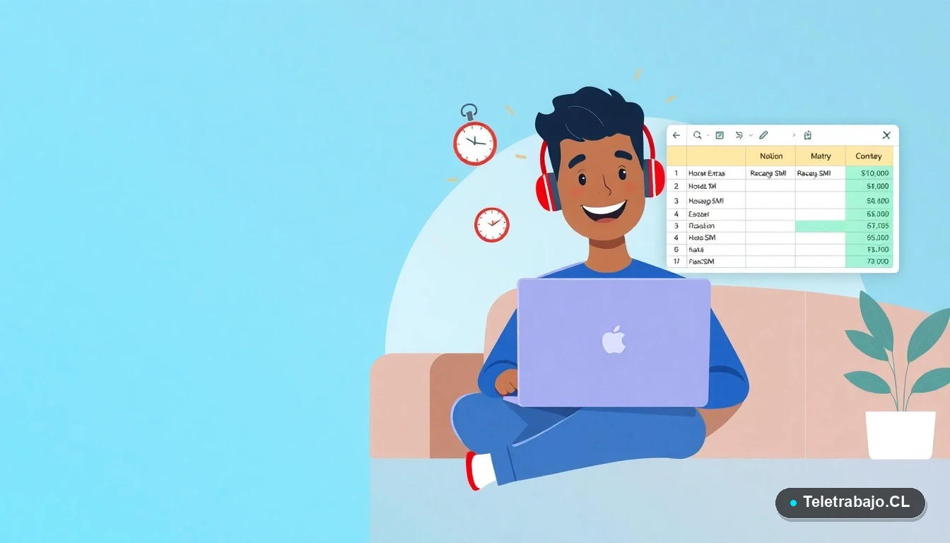 Profesional en teletrabajo usando plantilla Excel para control de horas extras y cálculo del SMI 2026