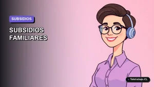 Ilustración vectorial plana y moderna de una trabajadora remota feliz junto a una plantilla de Excel para controlar subsidios familiares en Chile, fondo degradado liso.