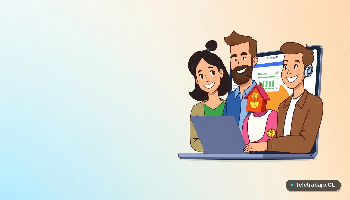 Familia chilena usando plantilla Excel para organizar subsidios estatales en laptop