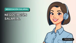 Ilustración vectorial plana y moderna de una profesional chilena sonriente con blusa azul, sobre un fondo degradado, representando la preparación para una negociación de sueldo.