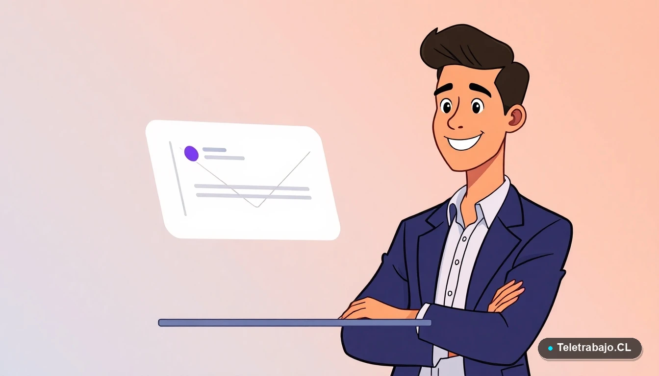 Profesional chileno usando plantilla de correo de postulación en laptop, ilustración plana moderna.