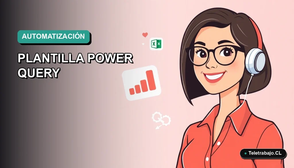 Ilustración plana corporativa de una trabajadora remota feliz junto a un dashboard de datos, representando la automatización de reportes con Excel Power Query.