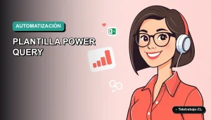Ilustración plana corporativa de una trabajadora remota feliz junto a un dashboard de datos, representando la automatización de reportes con Excel Power Query.